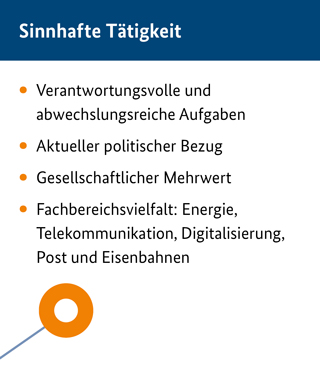 Sinnhafte Tätigkeit :Verantwortungsvolle und abwechslungsreiche Aufgaben ;Aktueller politischer Bezug ;Gesellschaftlicher Mehrwert ;Fachbereichsvielfalt:  Energie, Telekommunikation, Digitalisierung, Post und Eisenbahnen 