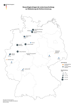 Bezuschlagte Anlagen der 1. Runde der Kohlestilllegungsausschreibungen auf einer Deutschlandkarte