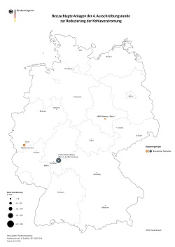Bezuschlagte Anlagen der vierten Runde der Kohlestilllegungsausschreibungen auf einer Deutschlandkarte