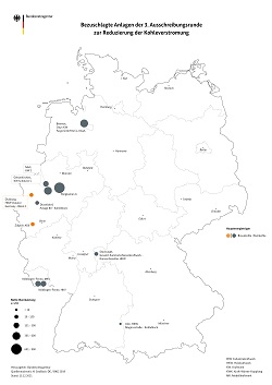 Bezuschlagte Anlagen der dritten Runde der Kohlestilllegungsausschreibungen auf einer Deutschlandkarte