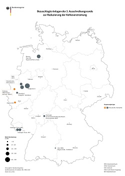 Bezuschlagte Anlagen der dritten Runde der Kohlestilllegungsausschreibungen auf einer Deutschlandkarte Bezuschlagte Anlagen der dritten Runde der Kohlestilllegungsausschreibungen auf einer Deutschlandkarte