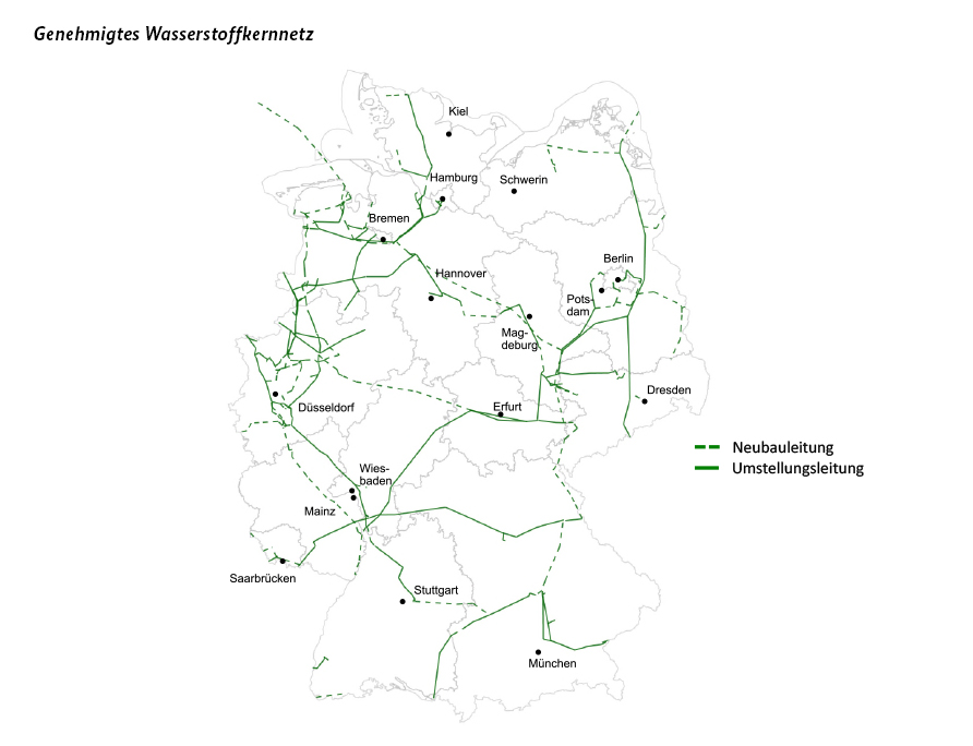 Deutschlandkarte mit genehmigtem Wasserstoff-Kernnetz. Deutschlandkarte mit genehmigtem Wasserstoff-Kernnetz.