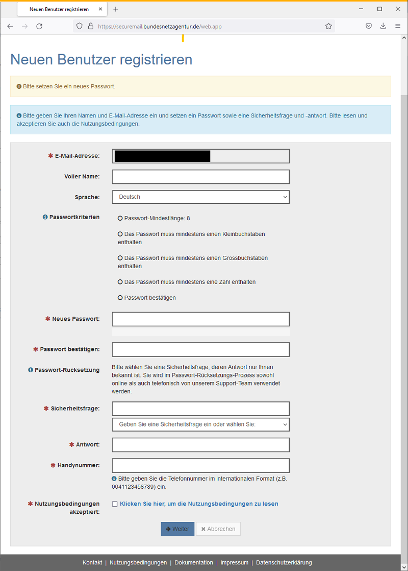Maske der Registrierungsseite; Neuen Nutzer registrieren Maske der Registrierungsseite; Neuen Nutzer registrieren