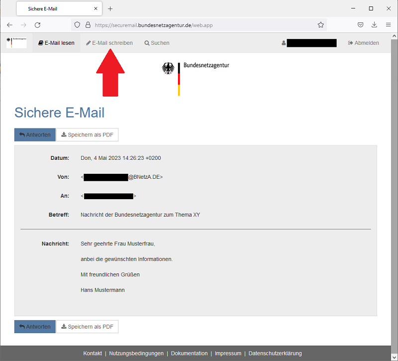 Screenshot einer sicheren E-Mail, roter Hinweispfeil auf "E-Mail schreiben" Screenshot einer sicheren E-Mail, roter Hinweispfeil auf "E-Mail schreiben"