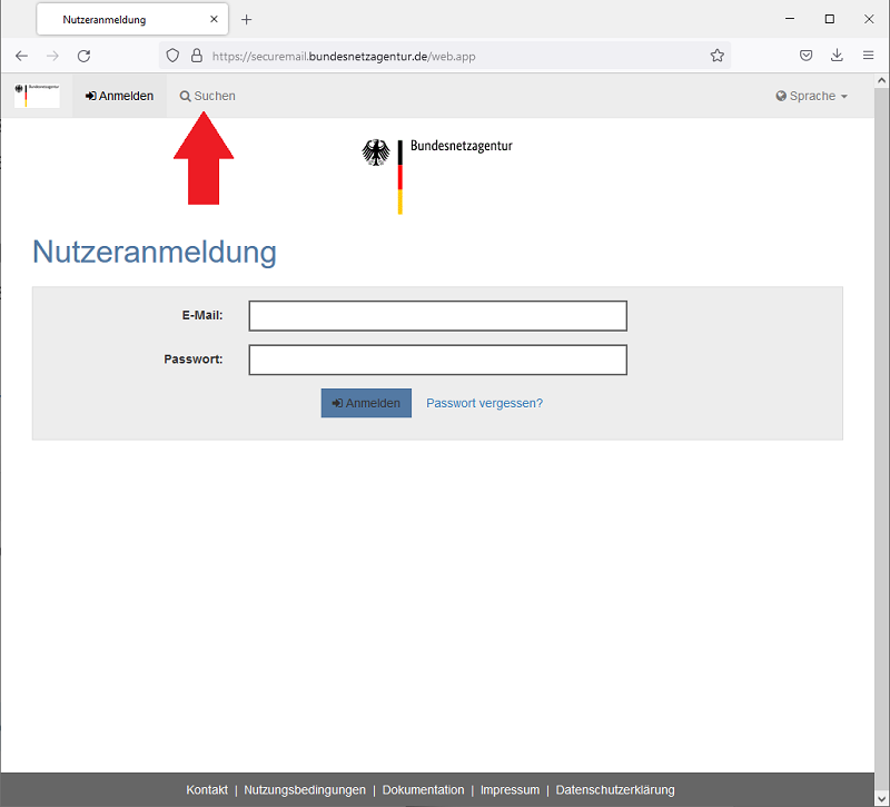 auf der Maske "Nutzeranmeldung" roter Hinweispfeil auf "Suchen" auf der Maske "Nutzeranmeldung" roter Hinweispfeil auf "Suchen"