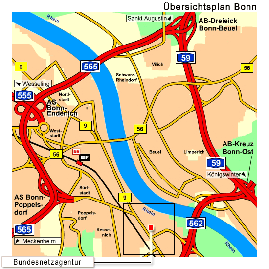 Übersichtsplan für die Wegbeschreibung zum Sitz in Bonn