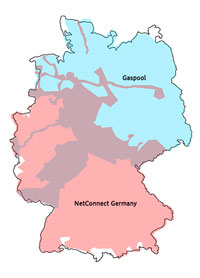 Eine Deutschlandkarte in der die Gasversorgung zweier Marktgebiete dargestellt wird
